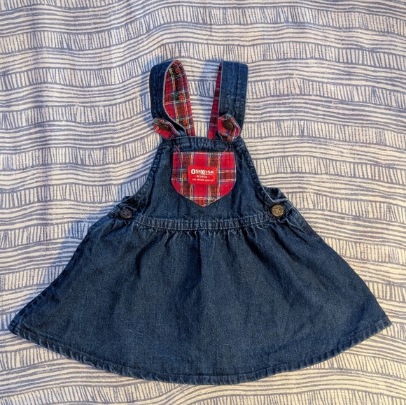 Vintage OshKosh B’Gosh Girl’s Blue Denim Dress Red Check Bow Sz 24 M USA - Picture 1 of 10
